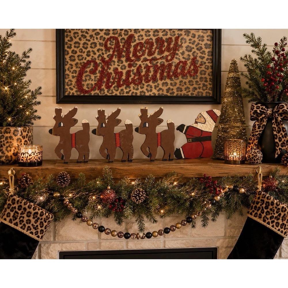Handmade Wood Santa Reindeer Set Folk Art Christmas Decor Double Sided Vintage
